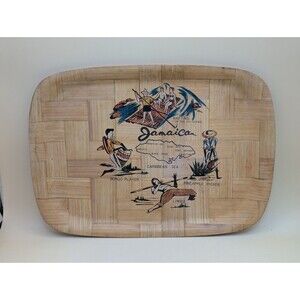 Vintage Mid Century Jamaica Woven Bamboo Serving Tray Tiki Map Souvenir Platter
